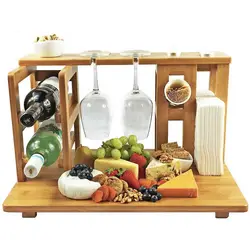 Bamboo Wine Rack with Glass Rack Napkin Holder and Cheese Cutting Board with 4 Piece Knives